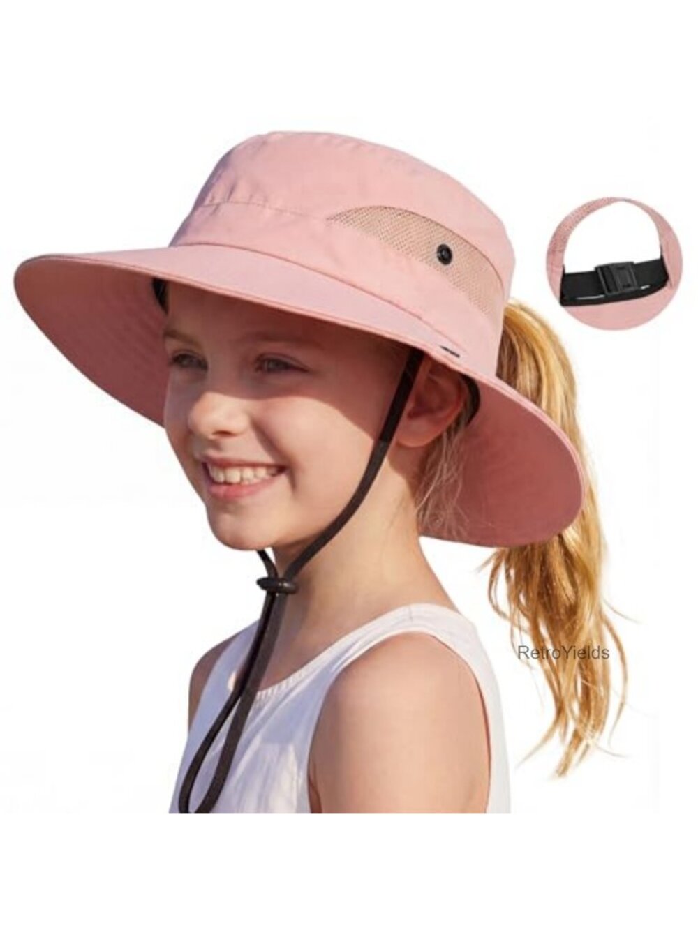 UPF 50+ Girls Sun Hat Ponytail Beach Bucket Hat Kids Fishing Hat